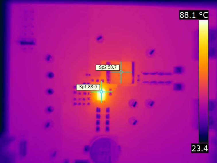 TPS548B23, TPS548B28 12Vin、1Vout、800KHz、20A 時的 TPS548B28EVM 熱影像