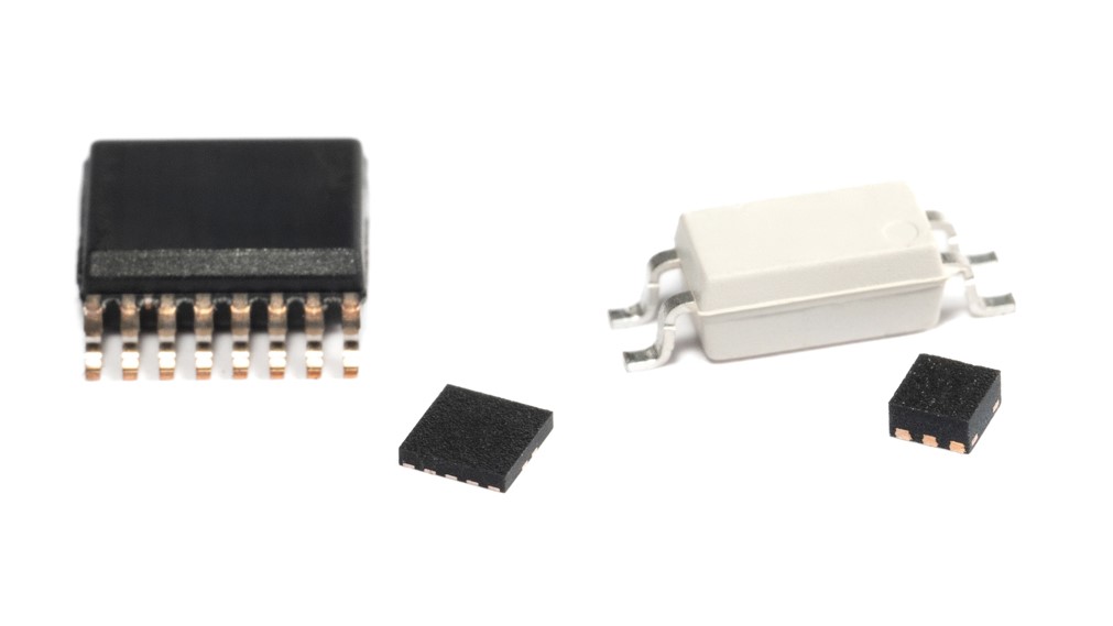  左圖為採用 4mm2 SON 封裝的 TXG8041，相較於尺寸大 7 倍、佔地面積為 29mm2 的電隔離器；右圖為採用 2.25mm2 SON 封裝的 TXG8010，相較於尺寸大 8 倍、佔地面積為 19mm2 的光耦合器。