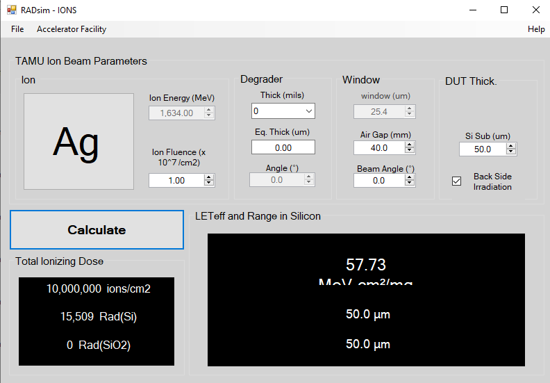  GUI of RADsim Application Used to Determine Key Ion Parameters