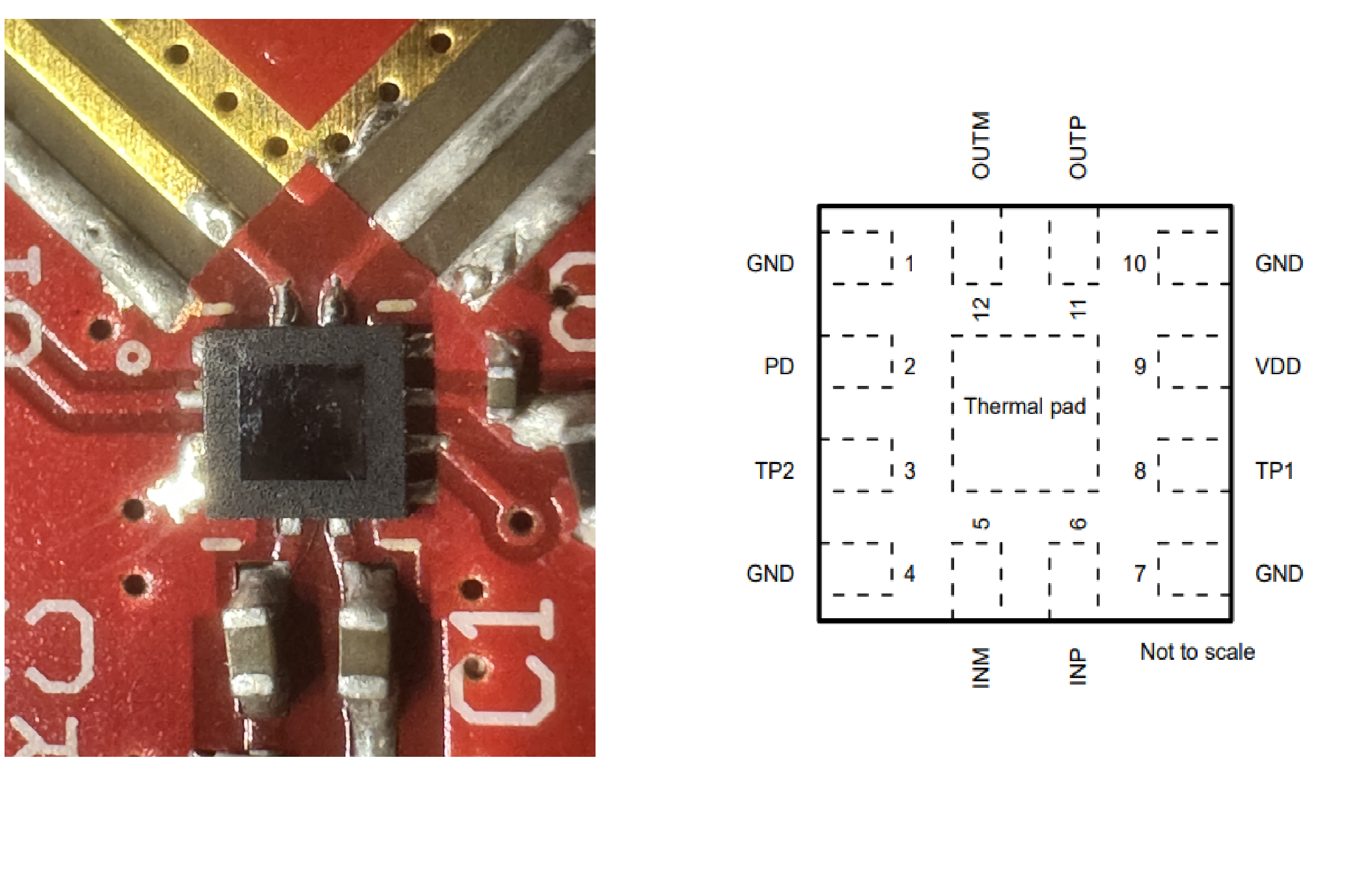  Decapped TRF0208-SEP (Left) and Device Pin Out (Right)