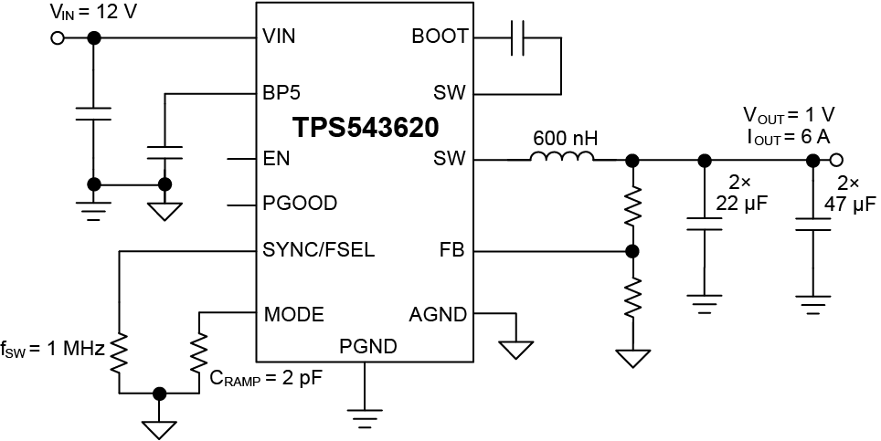  TPS543620 EVM simplified
                    schematic.