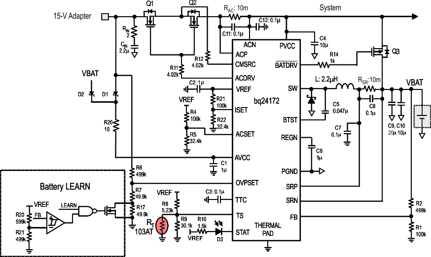 bq24170 bq24172 Typical Application
Schematic With Battery Learn Function bq24170 bq24172 typ_app2_lusad2.gif