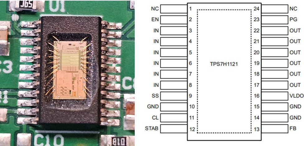  Photograph of Decapped TPS7H1121-SEP [Left] and Pinout Diagram [Right]