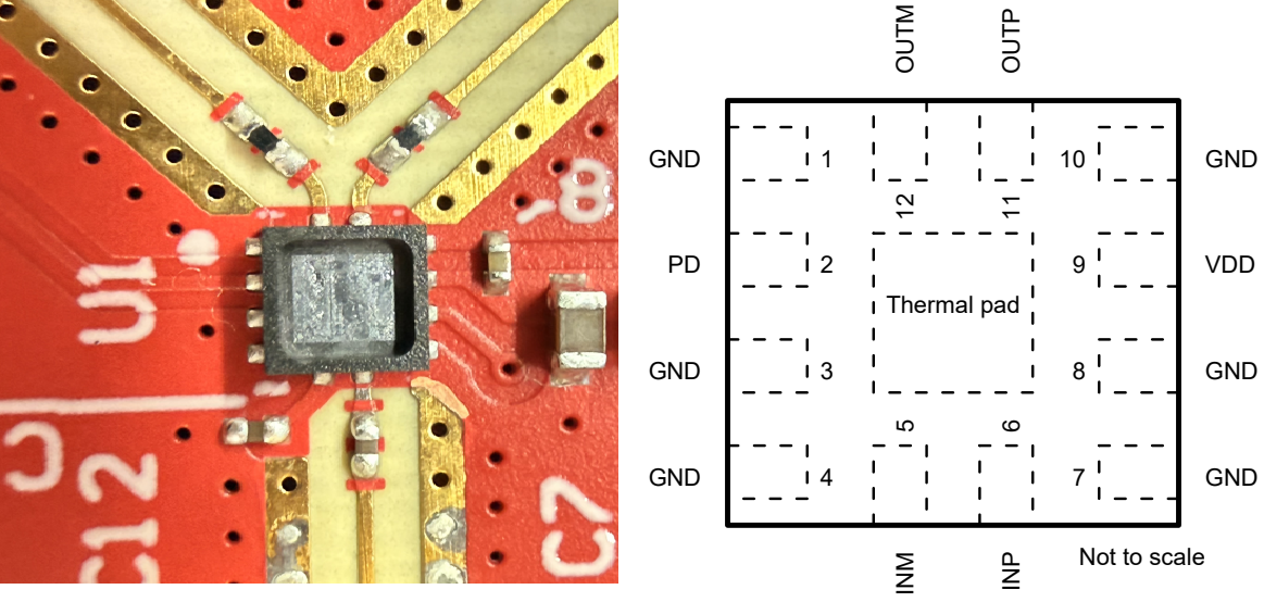  Decapped TRF0213-SEP (Left) and Device Pin Out (Right)