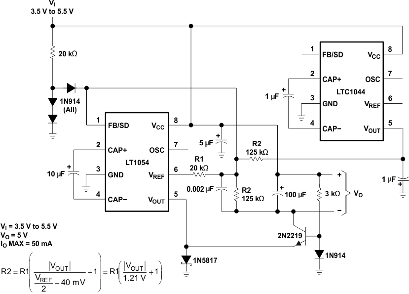 LT1054 3.5-V to 5-V
Regulator LT1054 3pt5v_5v_reg_slvs033.gif