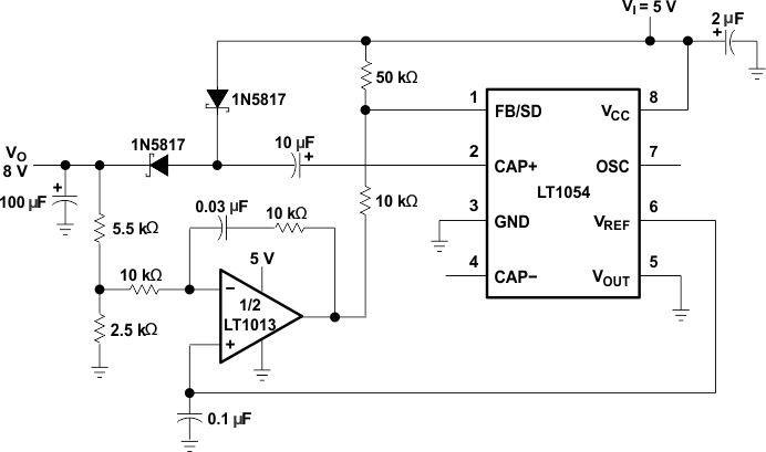 LT1054 Positive Doubler With
Regulation (5-V to 8-V Converter) LT1054 postve_dblr_w_rgltn_5v_8v_slvs033.gif