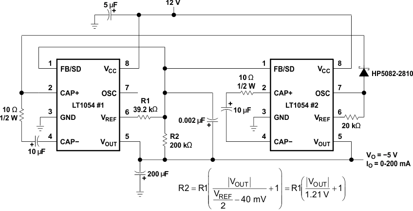 LT1054 5-V to ±12-V
Converter LT1054 regulatng_200ma_12v_5v_cnvrtr_slvs033.gif