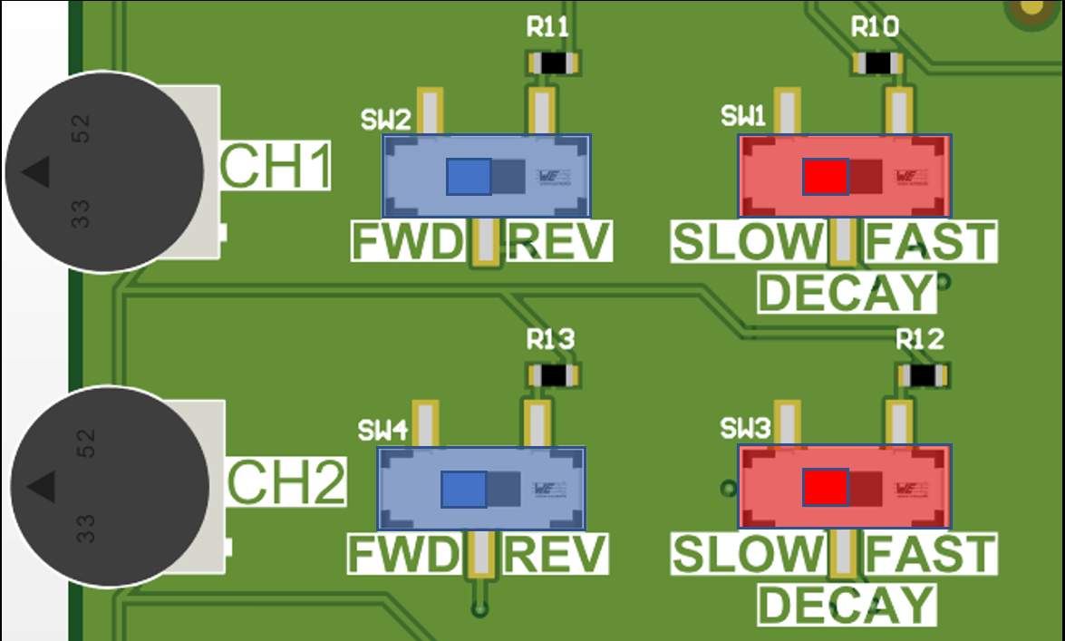 DRV8844AEVM Input Switch Configuration for
                    Brushed-DC Motor Connection (Forward-Slow Decay)