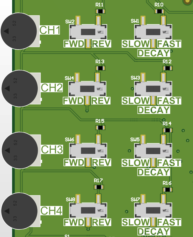 DRV8844AEVM Input Potentiometers with
                    Direction and Decay Switches