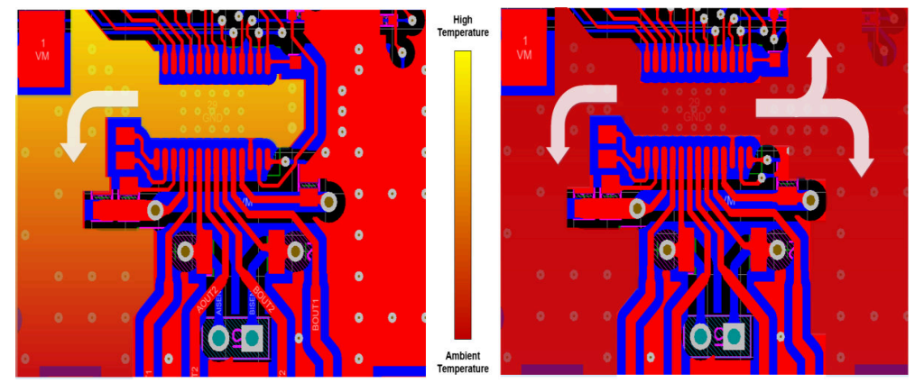 DRV88XX 中斷接地平面覆銅與連續(xù)接地平面覆銅的熱圖