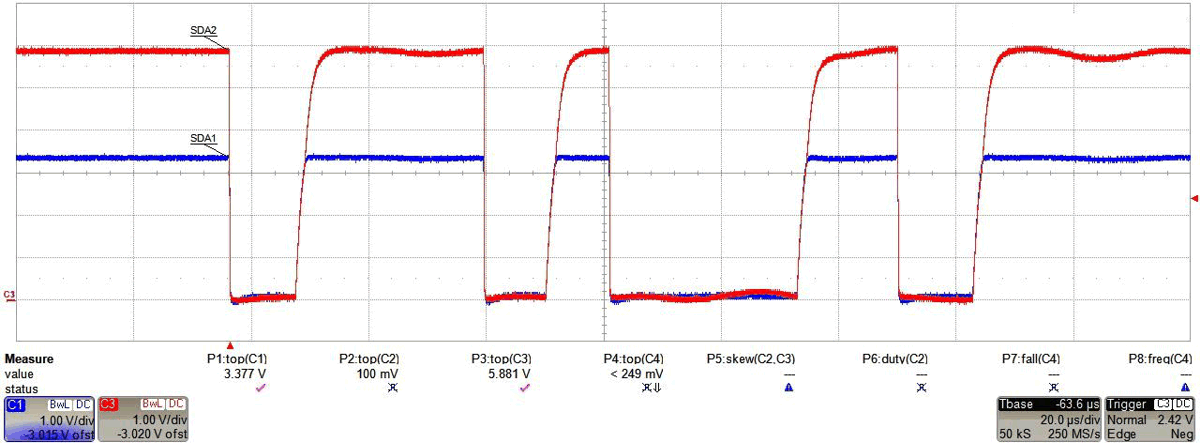  通過 TCA39306 發(fā)送地址 0x74（VCC1 = 3.3V、VCC2 = 5.0V、CBUS1 = 100pF、CBUS2 = 100pF、目標器件側 (SDA2) 拉至低電平時）