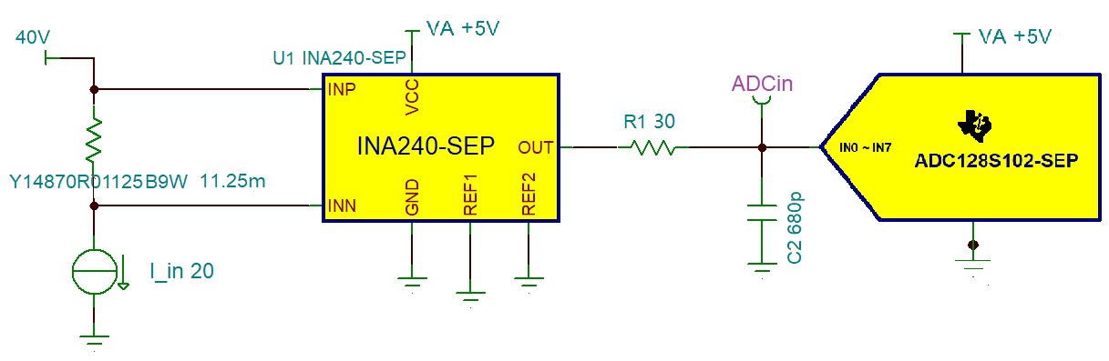 ADC128S102-SEP 電流檢測電路 1 原理圖