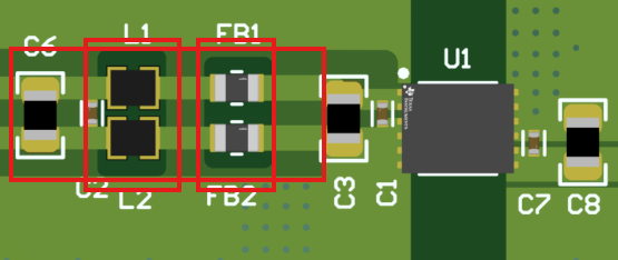  DM 電感器和 FB 下方的 KOZ 和銅切口