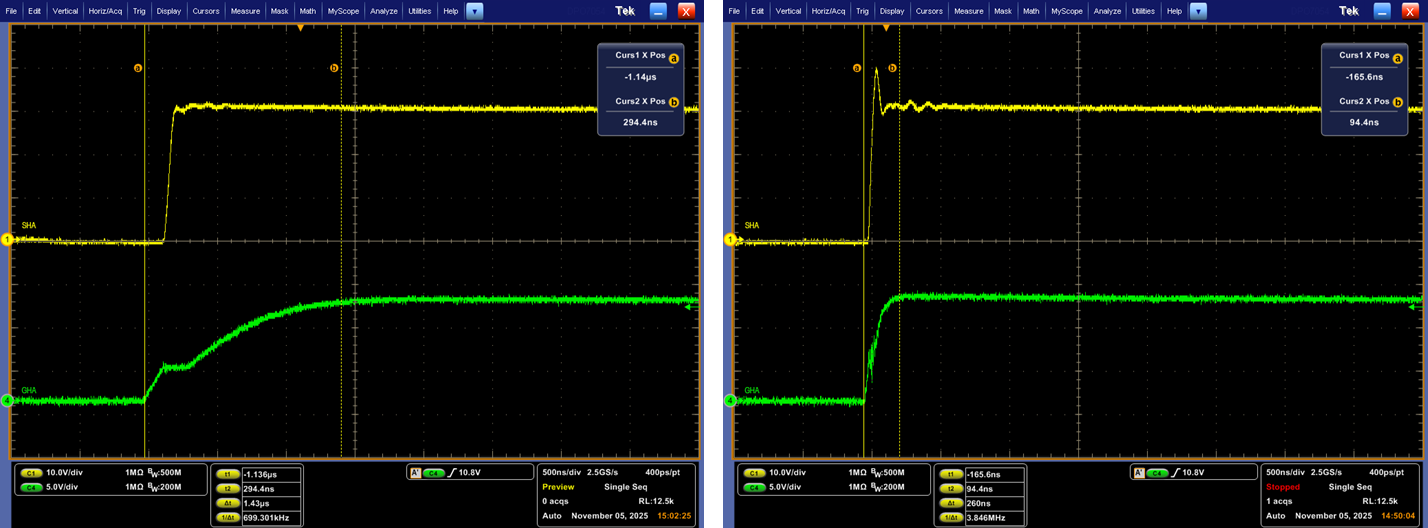  柵極電流對壓擺率和振鈴的影響：a) 柵極電流 - 64mA（左）；b) 柵極電流 - 1024mA（右）
