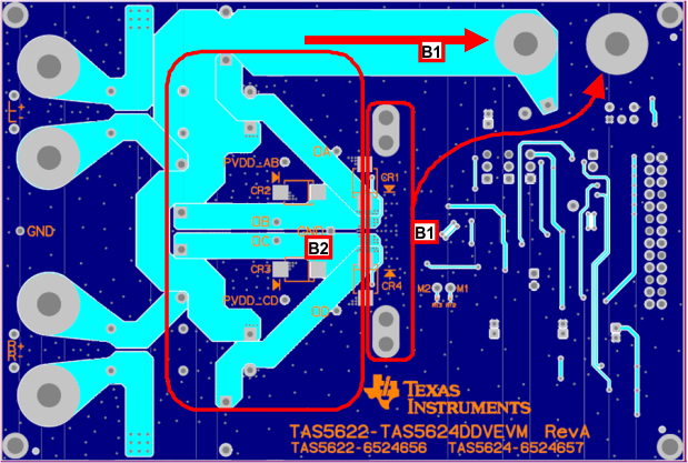 TAS5622A Printed Circuit Board -
Bottom Layer TAS5622A pcb_bott_las844.gif