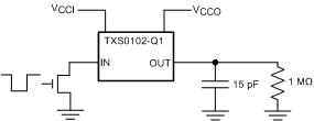 TXS0102-Q1 使用開漏驅(qū)動(dòng)器時(shí)的數(shù)據(jù)速率、脈沖持續(xù)時(shí)間、傳播延遲、輸出上升時(shí)間和下降時(shí)間測(cè)量