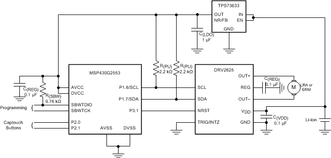 DRV2625 無外部觸發(fā)器或中斷引腳的典型應(yīng)用原理圖