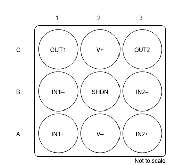 TLV9061 TLV9062 TLV9064 TLV9062S YCK 封裝9 引腳 DSBGA (WCSP)底視圖