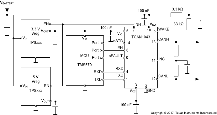 TCAN1043-Q1 TCAN1043H-Q1 TCAN1043HG-Q1 TCAN1043G-Q1 Typical CAN Bus
                    Application Using TCAN1043xx-Q1 With 3.3V μC