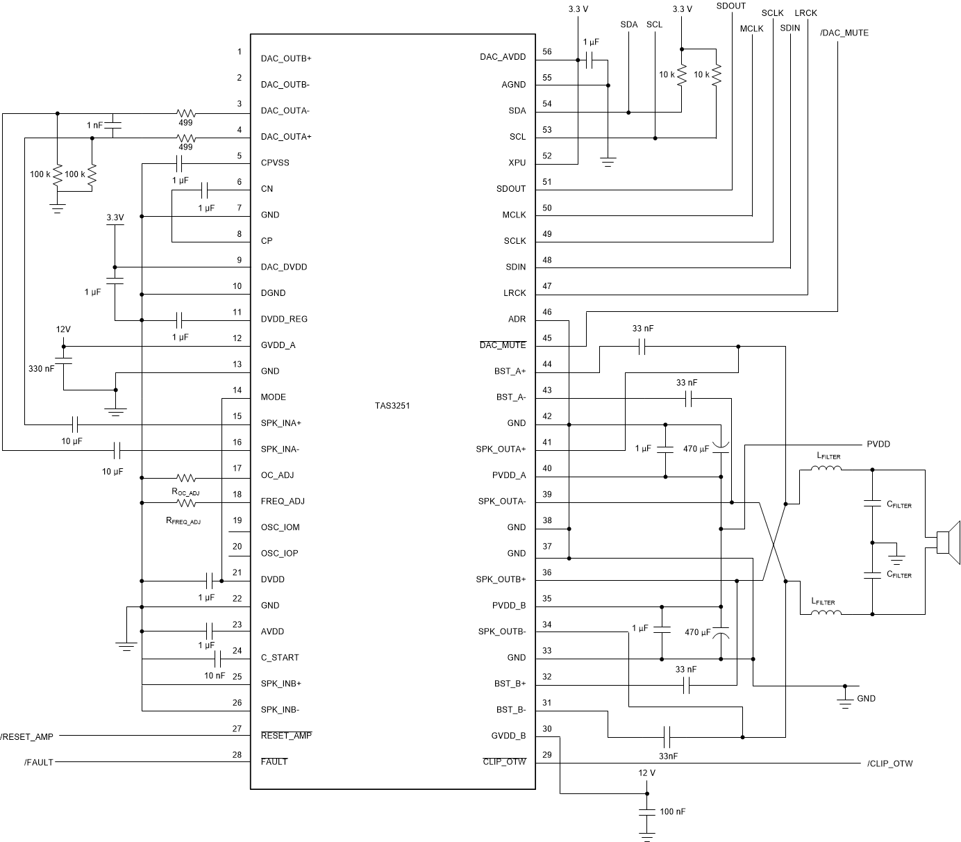 TAS3251 前置濾波器并行橋接負(fù)載 (PBTL) 應(yīng)用圖