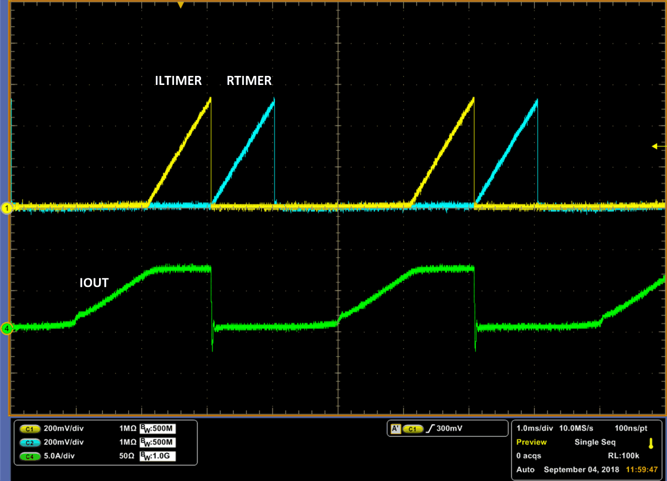 TPS7H2201-SP TPS7H2201-SEP IL 設(shè)置為 7.5A 時(shí)的 ILTIMER 和 RTIMER 波形