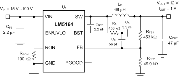 LM5164-Q1 典型應(yīng)用 VIN(nom) = 48V，VOUT = 12V，IOUT(max) = 1A，F(xiàn)SW(nom) = 300kHz