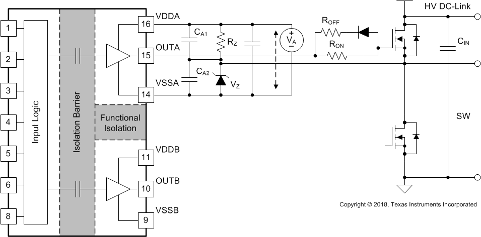 UCC21540-Q1 利用 ISO 偏置電源輸出上的齊納二極管生成負偏置