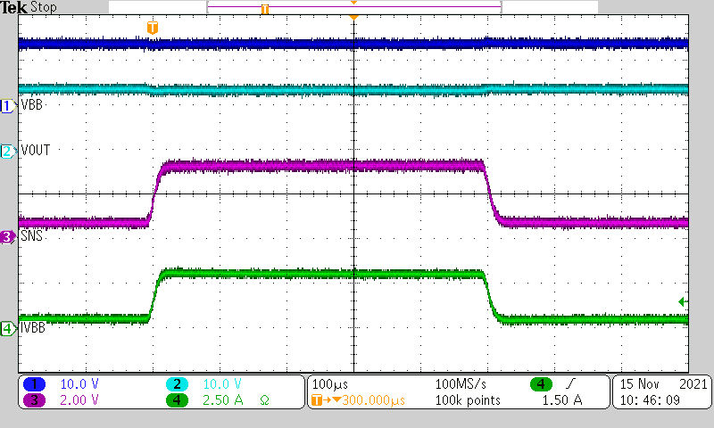 TPS1HC100-Q1 ISNS
Settling Time (tSNSION) on Load Step TPS1HC100-Q1 ISNS
Settling Time (tSNSION) on Load Step