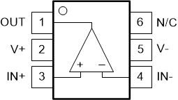 TLV1811 TLV1821 TLV1812 TLV1822 TLV1814 TLV1824 
                                                  TLV1811L 和 TLV1821L
                                                  DCK 封裝，
                                                  
                                                  “TLV72x1 6 引腳類型”引腳分配，具有反向電源和漂移 V-
                                                  
                                                  SC-70-6，
                                                  
                                                  頂視圖
                                                  