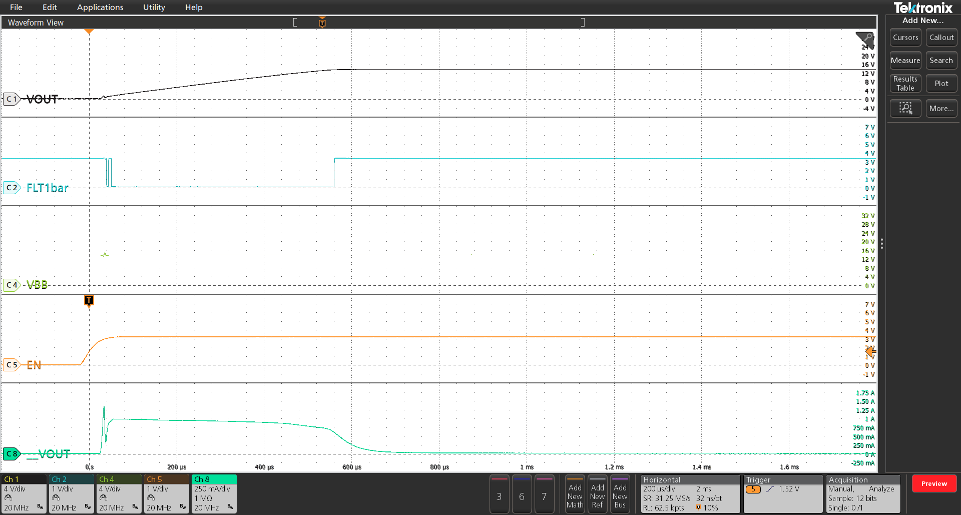 TPS1HC120-Q1 在溫度為 125°C、電流限制為 1A 時(shí)，為 40μF 電容器充電