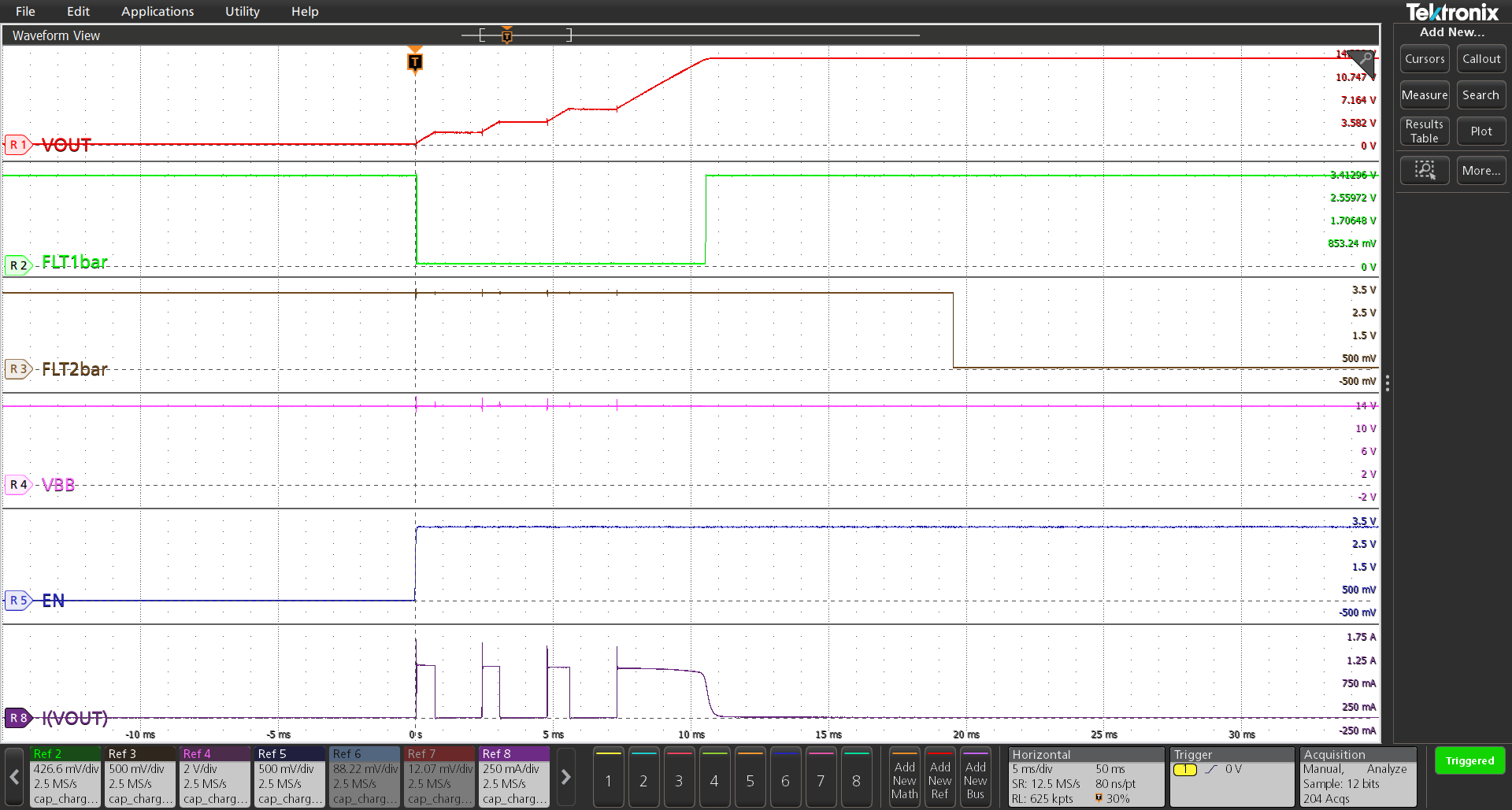 TPS1HC120-Q1 在溫度為 125°C、電流限制為 1A 時(shí)，為 220μF 電容器充電