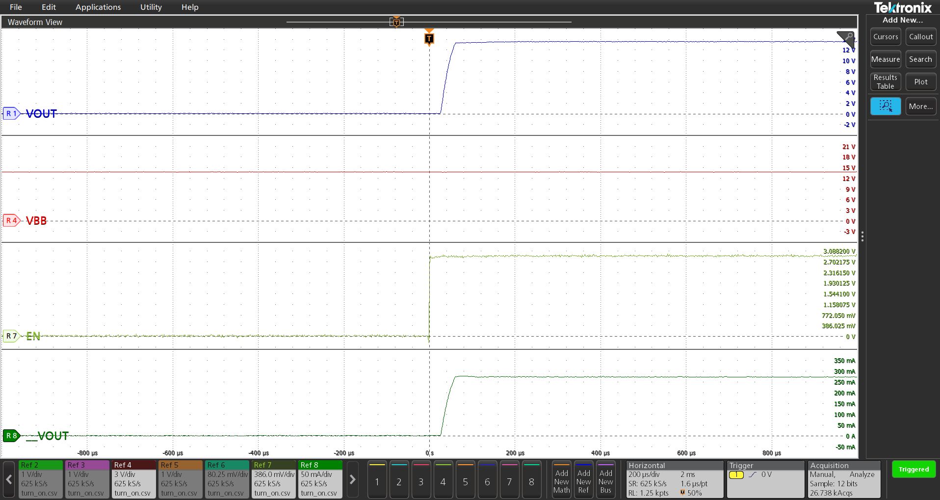 TPS1HC120-Q1 輸出在 13.5V 時(shí)導(dǎo)通，輸出端的電阻負(fù)載為 50Ω