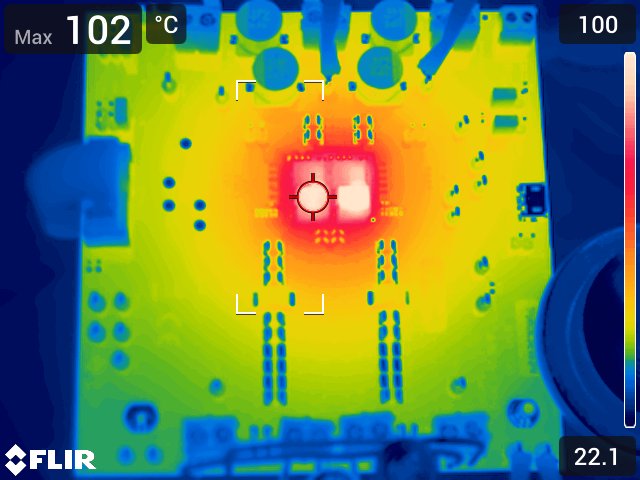 TPSM8D6C24 25°C 環(huán)境溫度、12Vin、0.8V 和 1.2Vout、35A、550kHz 條件下的熱圖