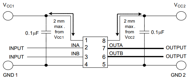ISO7220A-Q1 ISO7221A-Q1 ISO7221C-Q1 典型 ISO7220x-Q1 電路連接
