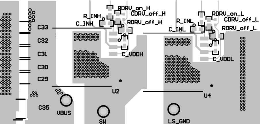 LMG3650R070 LMG3651R070 LMG3656R070 LMG3657R070 LMG3650R070 半橋頂層布局