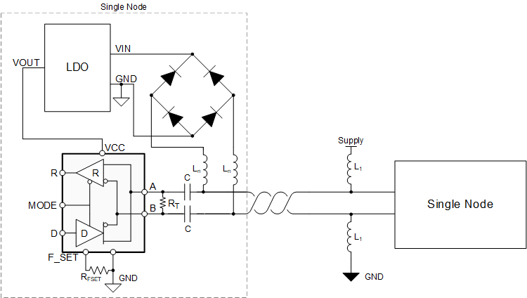 THVD8000T 具有 2 個節(jié)點的典型電力線網(wǎng)絡(luò)