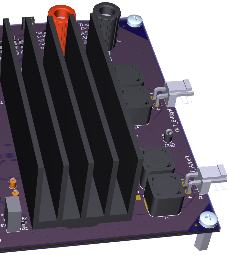TAS5830 2.0（立體聲 BTL）EVM 3D 頂視圖（帶散熱器）