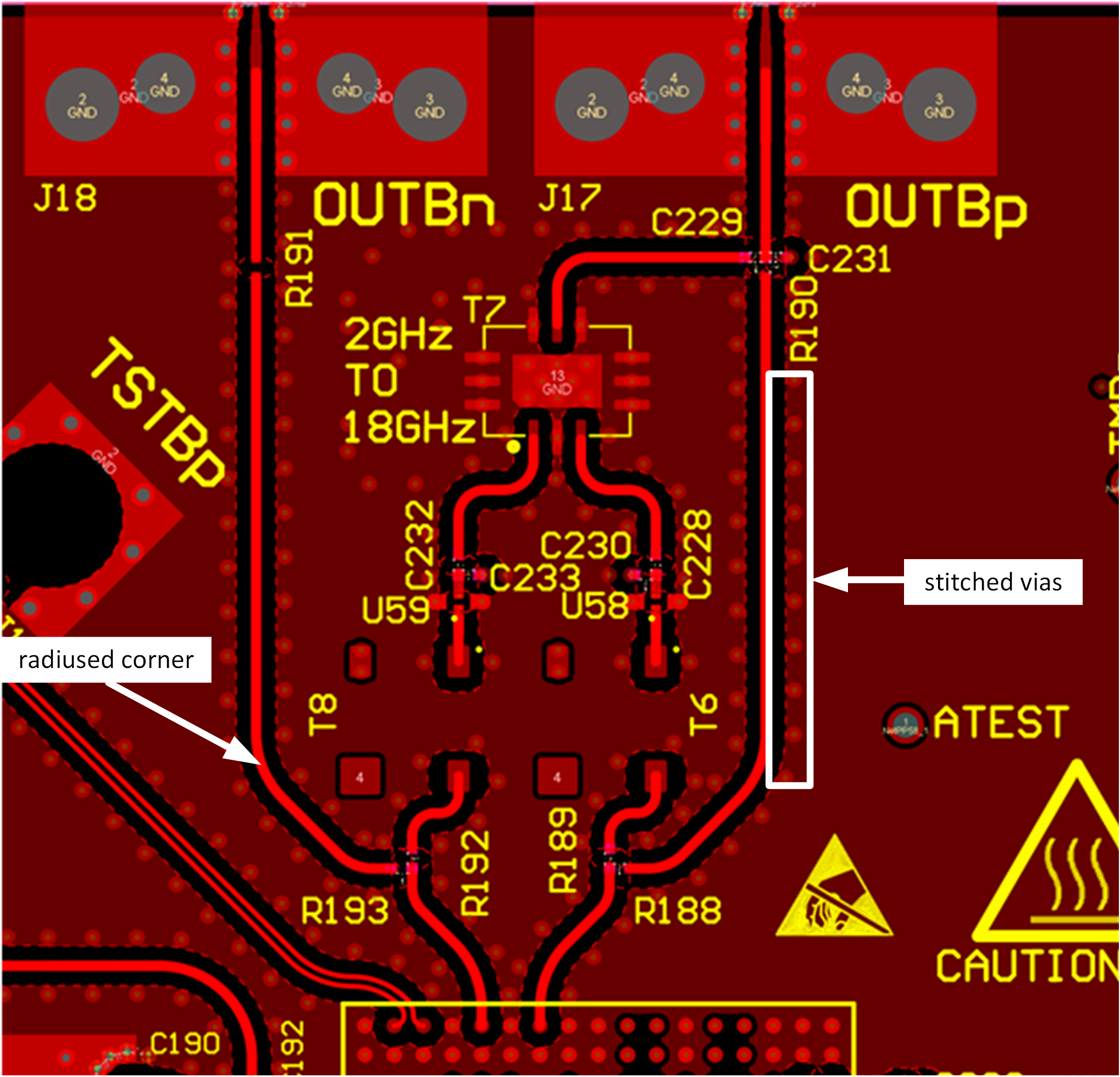 DAC39RF20 高速信號(hào)布線旁邊的半徑角和拼接過孔