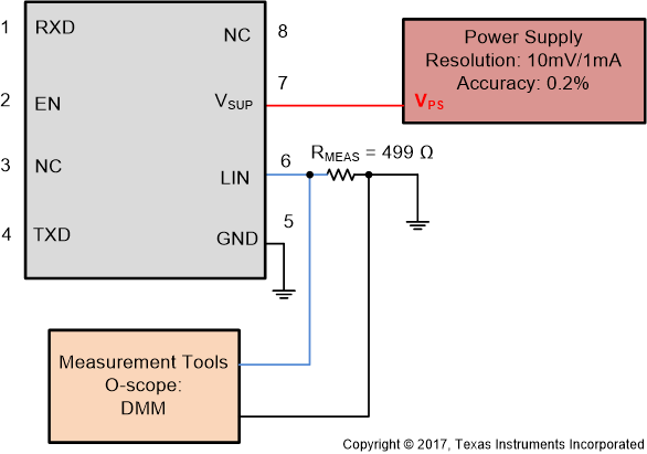 TLIN4029A-Q1 IBUS_PAS_dom 的測試電路；TXD = 隱性狀態(tài)，VBUS = 0V，參數(shù) 13