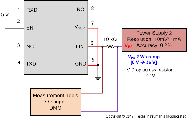 TLIN4029A-Q1 IBUS_NO_BAT 的測試電路，失電