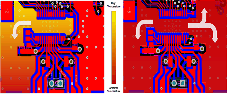 DRV8844A 中斷接地平面覆銅與連續(xù)接地平面覆銅的熱圖