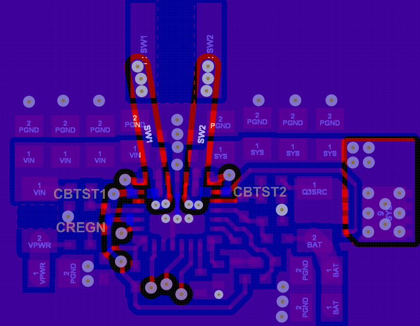 BQ25690 2 層 PCB 布局示例的底層 — 藍色/紫色表示 GND