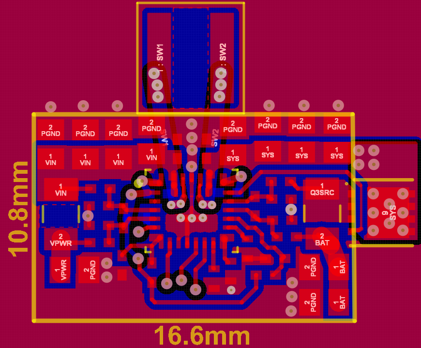 BQ25690 2 層 PCB 布局示例的頂層 — 紅色表示接地