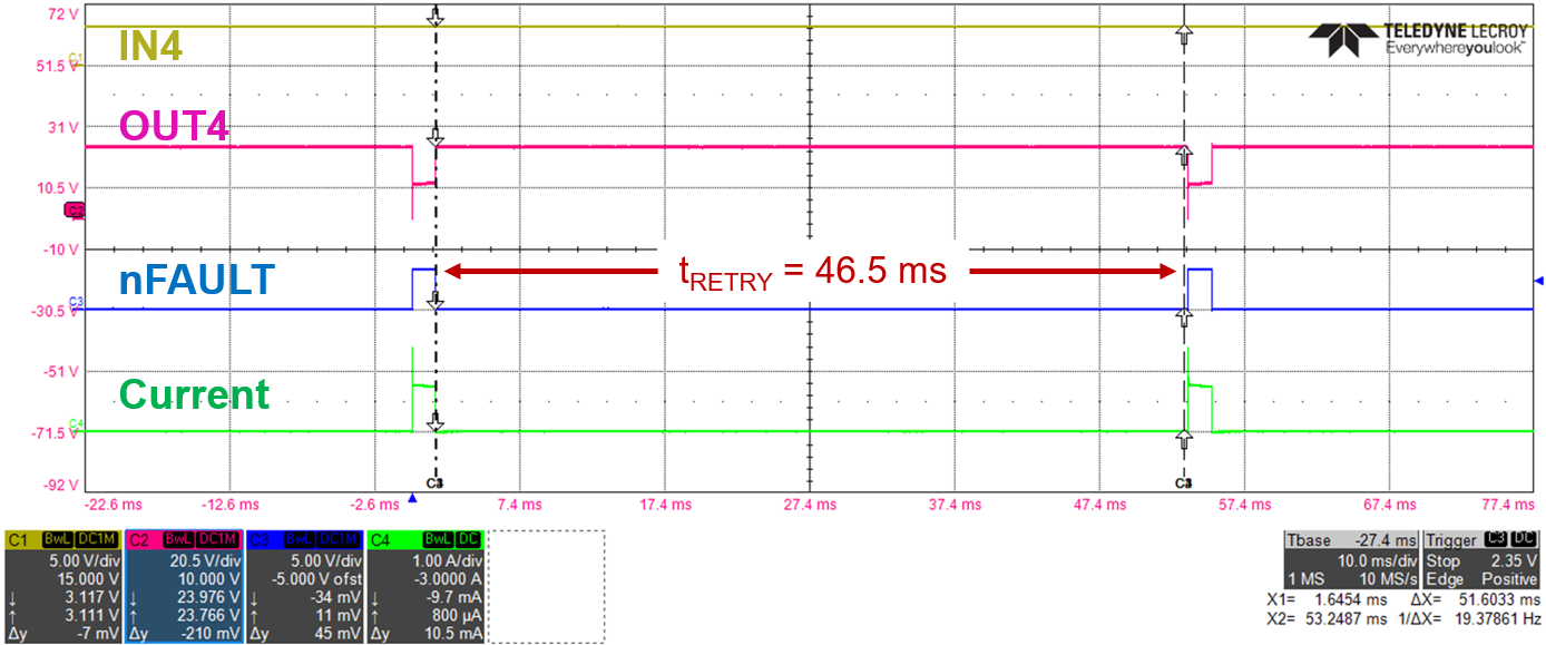 DRV81646 tRETRY = 46.5ms，啟用截止延遲 (COD)，R COD = 180kΩ，12V，12Ω 1mH 負(fù)載，VCLAMP 短接至 VM