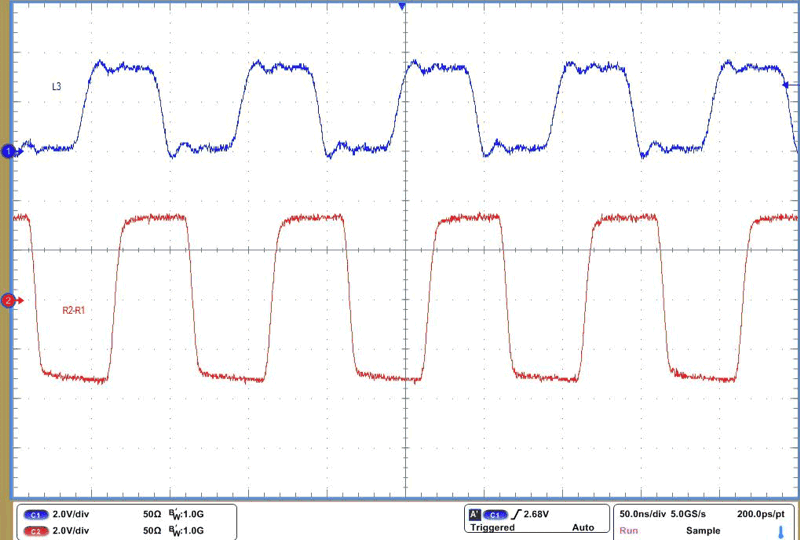 THVD4431A 20Mbps 和 VCC = 5V 時(shí)的 RS-485 驅(qū)動(dòng)器波形