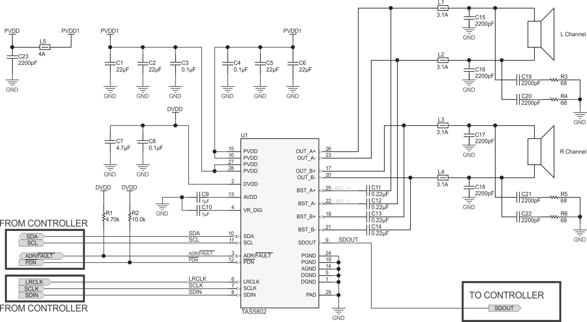 TAS5802 使用鐵氧體磁珠作為輸出濾波器的 2.0（立體聲 BTL）系統(tǒng)應(yīng)用原理圖
