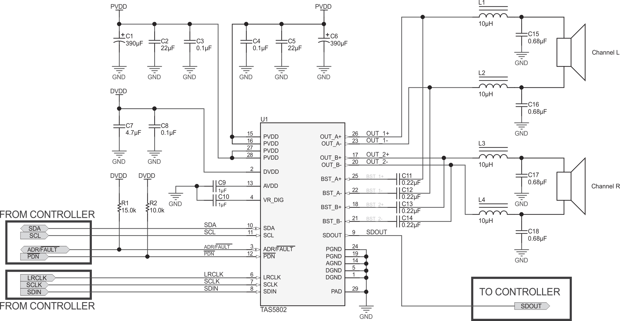 TAS5802 使用電感器作為輸出濾波器的 2.0（立體聲 BTL）系統(tǒng)應(yīng)用原理圖