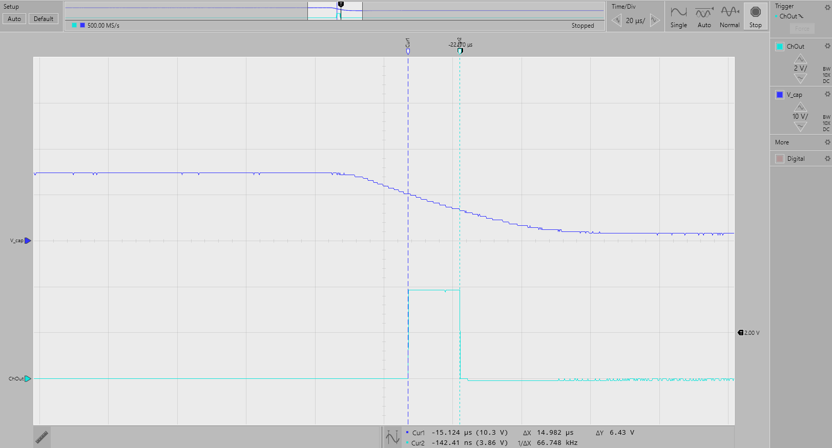 TIDA-01509 單根斷線檢測(cè)，V = 14.9V，Rpullup = 100kΩ - V_cap (2)，ChOut (1)