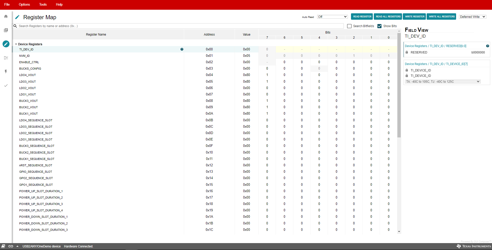 TPS65219 TPS65219EVM 寄存器映射頁面