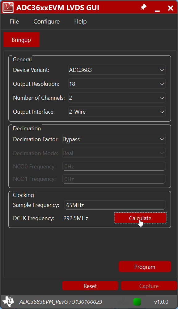 ADC3663EVM, ADC3664EVM, ADC3683EVM 計(jì)算 ADC3683 的 DCLK 頻率